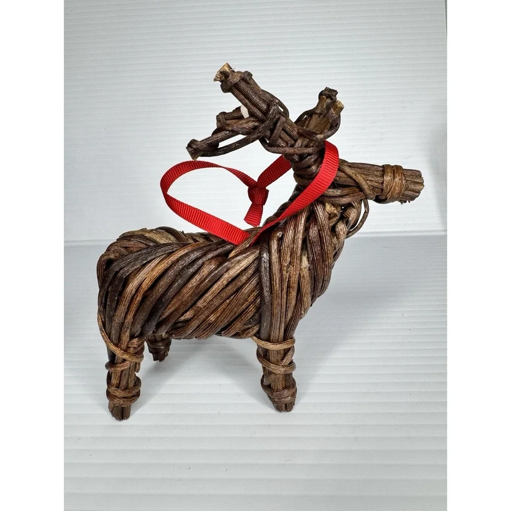 Pottery Barn NWT Reindeer Christmas Ornaments Deer Pair Wood Wicker Ribbon 7
